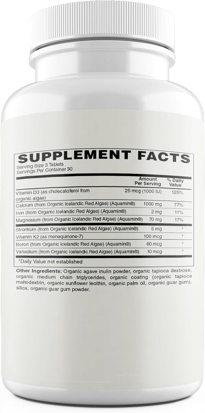 Plant Calcium | 1000mg Certified Organic Whole Food Calcium from Organic Icelandic Red Algae with Vitamin D3 Vitamin K2 and Magnesium | 72 Trace Minerals | 90 Vegan Tablets
