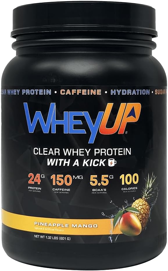 WheyUP Clear Whey Isolate – 24g + 150mg Caffeine - Pineapple Mango - Clear Whey Protein Powder - Sugar-Free Keto-Friendly - Juice-Style Pre/Post Workout Drink - 20 Servings