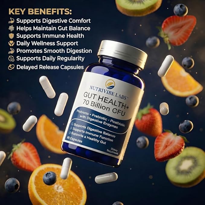 NUTRIVIBE LABS™ Gut Health 6-in-1 Probiotics 70 Billion CFU for Women &amp Men Prebiotics Postbiotics Enzymes L-Glutamine - Digestive &amp Immune Health Occasional Gas &amp Bloating Support -
