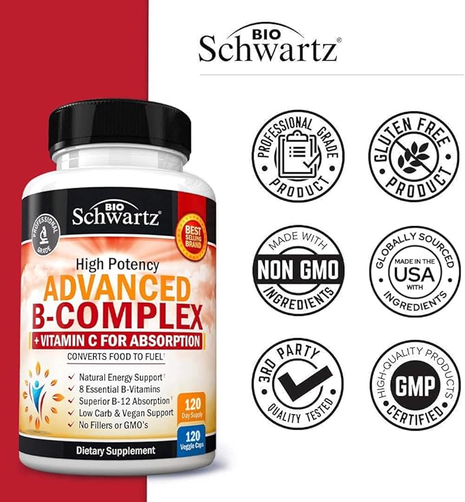 Vitamin B Complex with Vitamin C for Maximum Absorption - Methylcobalamin b12 &amp Folate Folic Acid Supplement - B1 B2 B3 B5 B6 B7 B9 for Immune Energy &amp Nervous System Support - Non-GMO 120 co