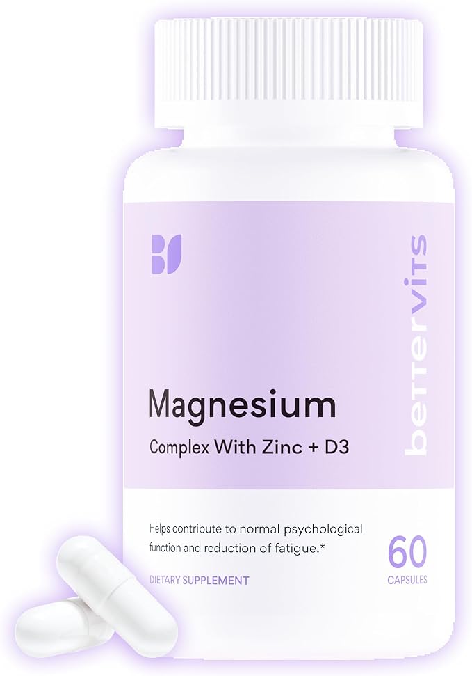 Bettervits Magnesium Glycinate Complex with Citrate Malate Zinc &amp Vitamin D3 | High Absorption Pure Magnesium 225mg Supplement Chelated Formula for Muscle Relaxation Sleep Support – 60 Capsules
