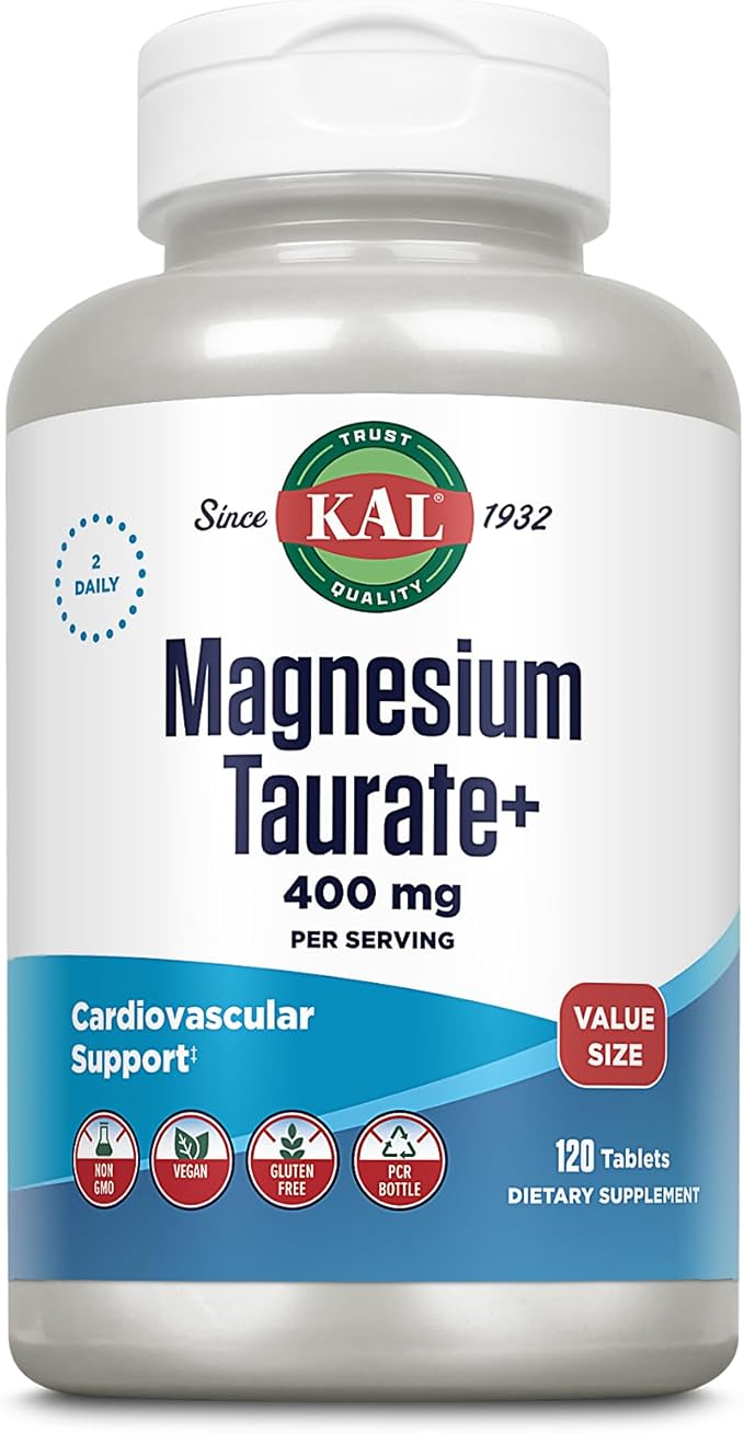 KAL Magnesium Taurate 400mg Plus Vitamin B6 Chelated Magnesium Supplement High Absorption Magnesium Complex Muscle and Heart Health Support Vegan Gluten Free 60-Day Guarantee 60 Serv 120 Tabs