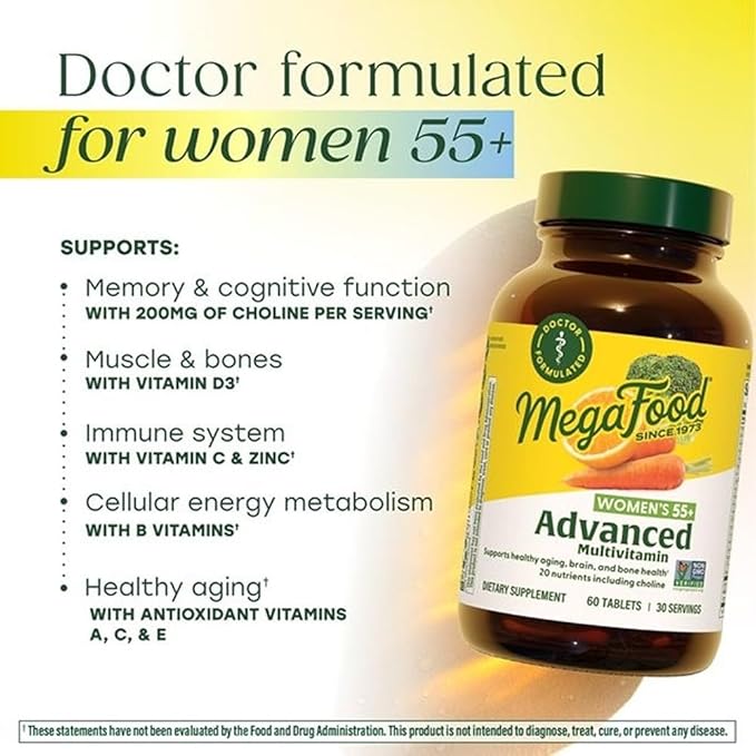 MegaFood Advanced Multivitamin for Women 55+ Womens Multivitamin Methylated B12 Methyl folate Choline Vitamin D3 Biotin Healthy Aging Brain &amp Bone Health Vegetarian 120 Tablets (60 Servi