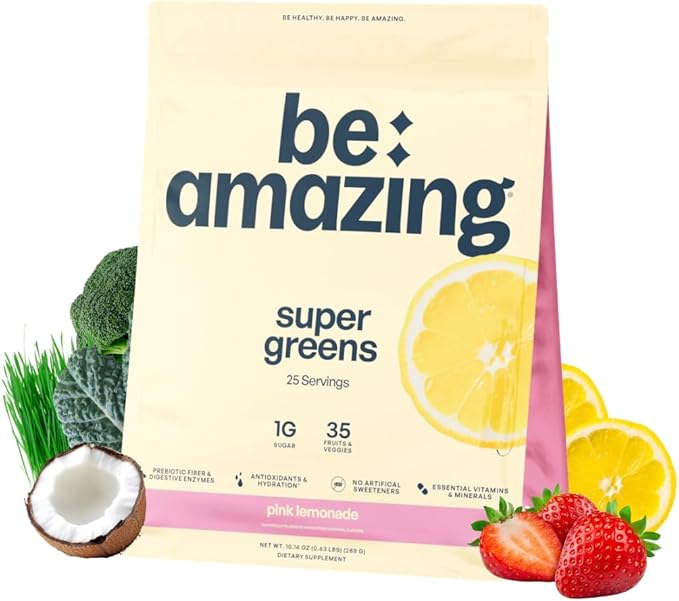 BE AMAZING Super Greens Powder with Prebiotics Digestive Enzymes &amp Antioxidants 35 Fruits &amp Veggies Electrolytes &amp Fiber Vegan Gluten Free Juice &amp Smoothie Mix Pink Lemonade 25