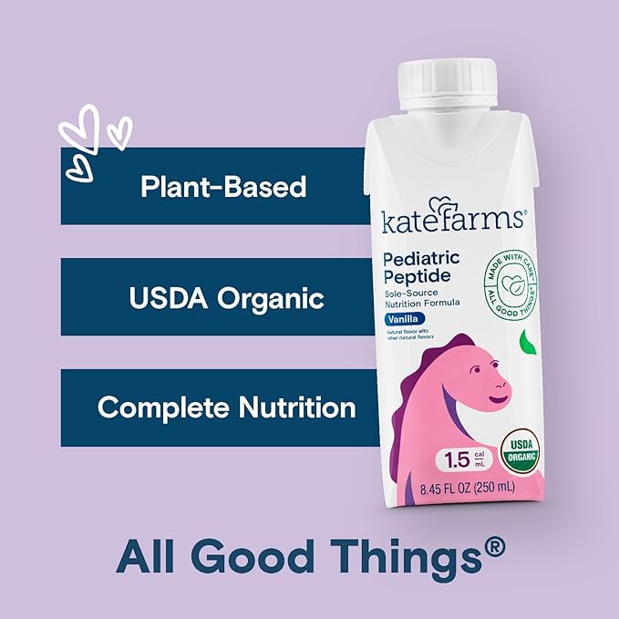 KATE FARMS Organic Pediatric Peptide 1.5 Formula Vanilla Sole-Source Hydrolyzed Plant-Based Nutrition for Oral or Tube Feeding 8.45 oz (12 pack)