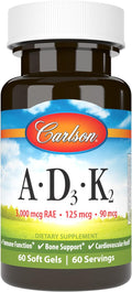 Carlson - Vitamins A D3 K2 3000 mcg RAE Vitamin A 125 mcg Vitamin D3 90 mcg Vitamin K2 as MK-7 Bone Building Calcium Utilization 60 Soft Gels