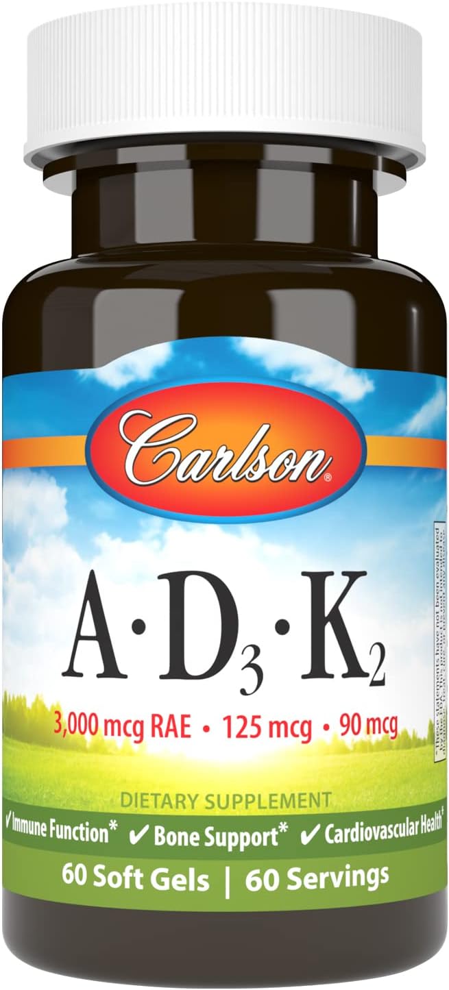 Carlson - Vitamins A D3 K2 3000 mcg RAE Vitamin A 125 mcg Vitamin D3 90 mcg Vitamin K2 as MK-7 Bone Building Calcium Utilization 60 Soft Gels