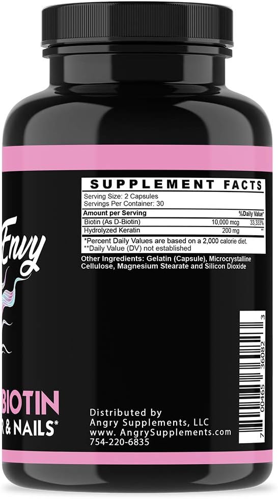 Angry Supplements Hair Envy 10000 mcg Biotin + Keratin Grow + Hydrate Hair Strengthen Thicken Nails Clear &amp Nourish Skin – Help Damaged Thinning Hair (3-Bottles)