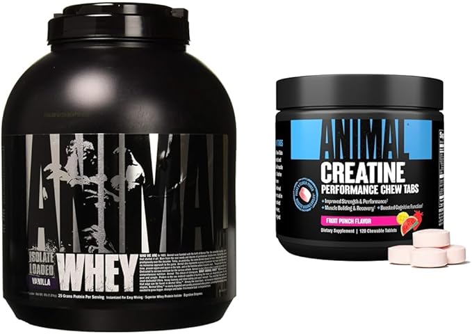 Animal Whey Isolate Whey Protein Powder – Isolate Loaded for Post Workout and Recovery &amp Creatine Chews Tablets - Enhanced Creatine Monohydrate with AstraGin to Improve Absorption