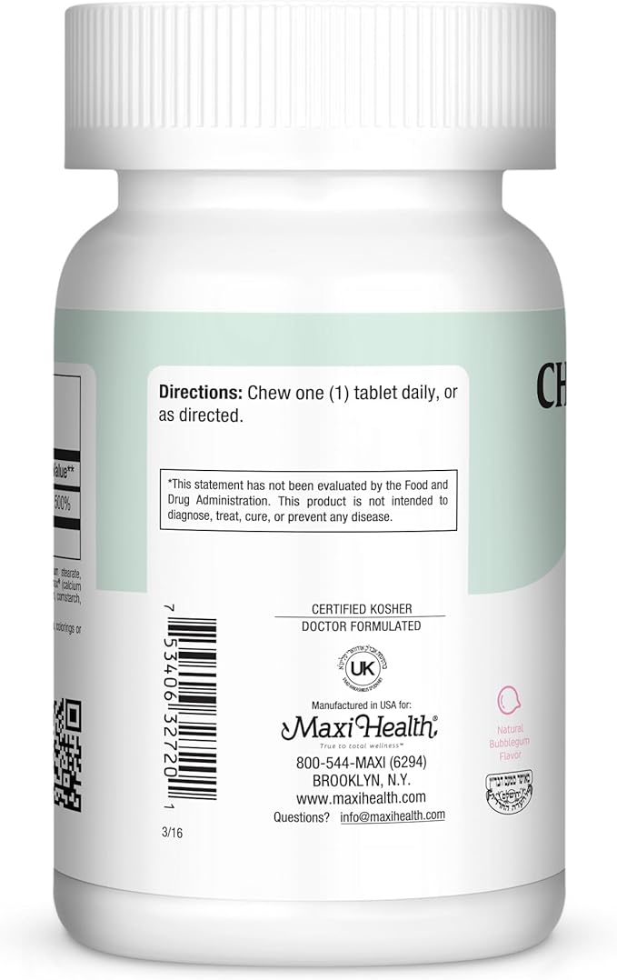 Maxi Health Chewable Vitamin D3 2000 IU Supplement - Delicious Natural Bubble Gum Flavor - Supports Calcium Absorption Immune and Bone Health in Adult Women Men Children &amp Toddlers - 200 Chews