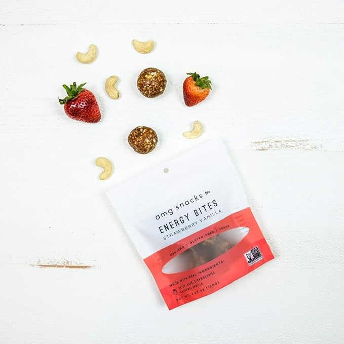 AMG Snacks Strawberry Vanilla Energy Bites | 4.3 oz Pack of 6 (72 Bites Total) | Date and Nut Energy Snacks Protein Bars | Non GMO Gluten Free Vegan Protein Bites | Made with All Natural Ingredient