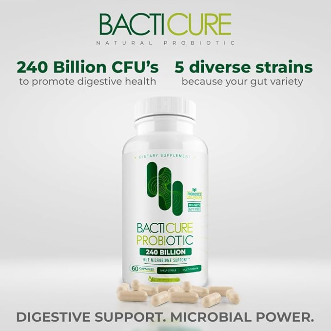 Bacticure Probiotic 240 Capsules | Probiotics Supplement w/High CFU Formula for Men &amp Women | Prebiotics &amp Digestive Enzymes for Digestion &amp Gut Health Vaginal Health Colon Cleanse Immu