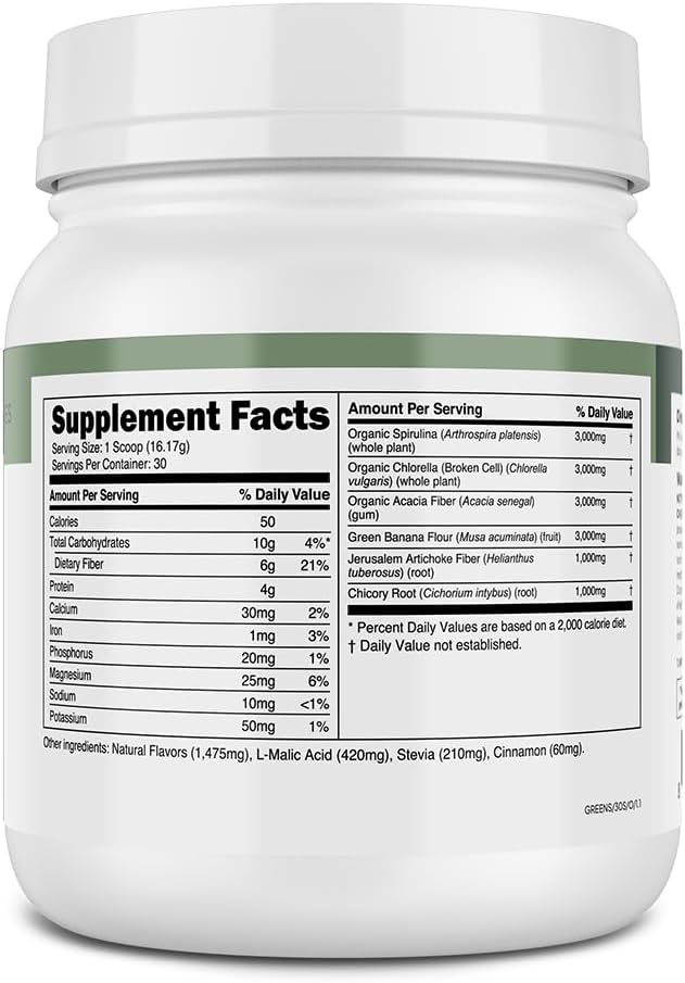 Transparent Labs Prebiotic Greens - Superfood Powder &amp Antioxidants Supplement with Organic Spirulina Chloerra Acacia &amp Green Banana Powder - 30 Servings Unflavored