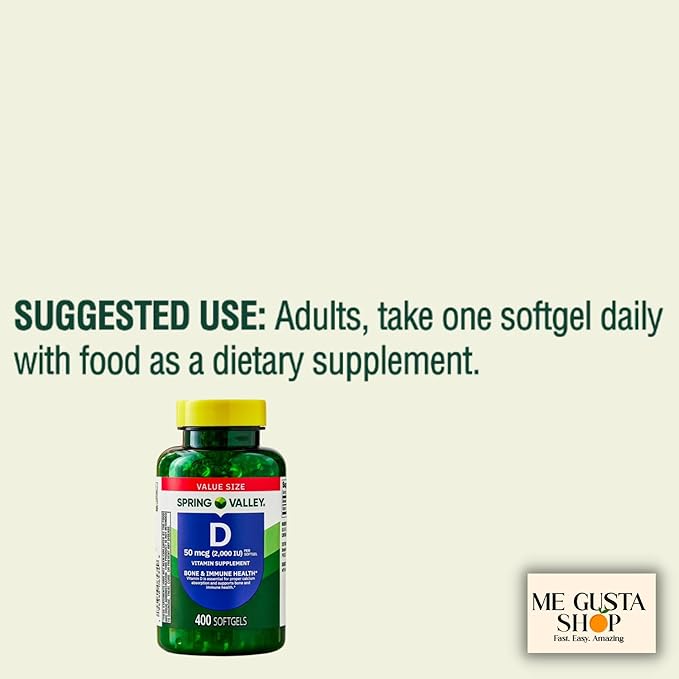 Spring Valley Vitamin D Supplement Softgels 50 Mcg (2000 IU) 400 Count + Me Gusta Sticker