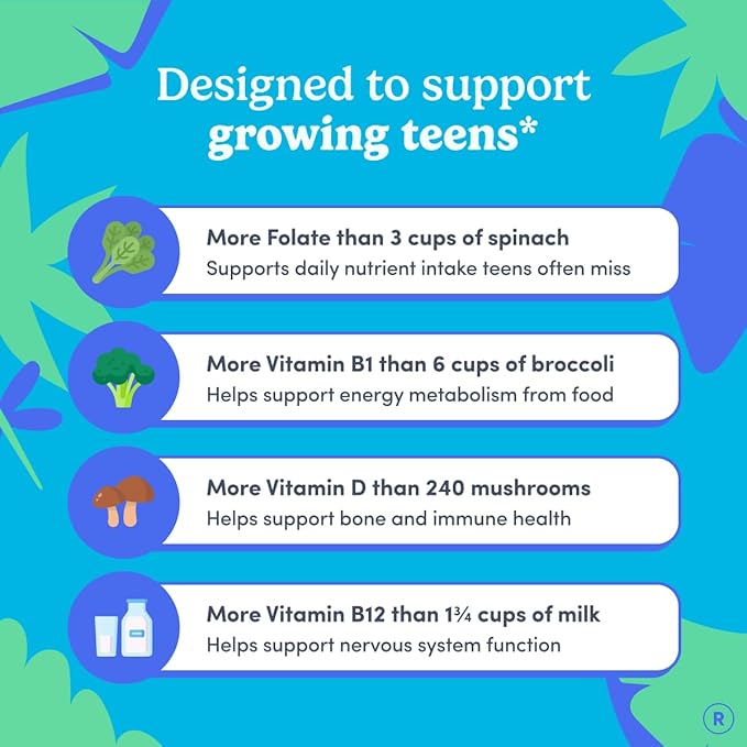 FIRST DAY Vitamins for Teens - Teen Multi Vitamins for Girls &amp Boys 12-17 Organic Fruit &amp Veggie Blend - 12 Key Nutrients: Vitamins A B1 B2 B6 B9 B12 C D3 E K2-30 Day Supply