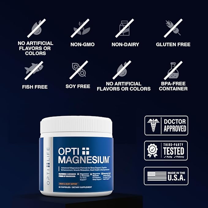 Opti + Triple Magnesium Complex Supplement | Magnesium L-Threonate Glycinate &amp Acetyl Taurate Complex Blend | Brain Support for Memory and Focus* | 90 Capsules/30 Servings