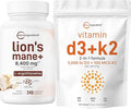 Micro Ingredients Vitamin D3 5000iu + K2 100mcg Softgels &amp Lions Mane Supplement 240 Veggie Capsules Bundle 2 Pack | Essential Sunshine Vitamins | Superfood Mushroom Antioxidants with L-Ergothion