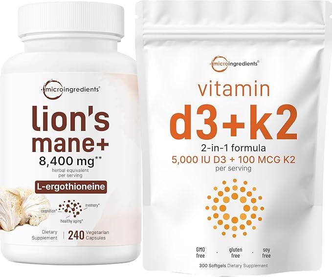 Micro Ingredients Vitamin D3 5000iu + K2 100mcg Softgels &amp Lions Mane Supplement 240 Veggie Capsules Bundle 2 Pack | Essential Sunshine Vitamins | Superfood Mushroom Antioxidants with L-Ergothion
