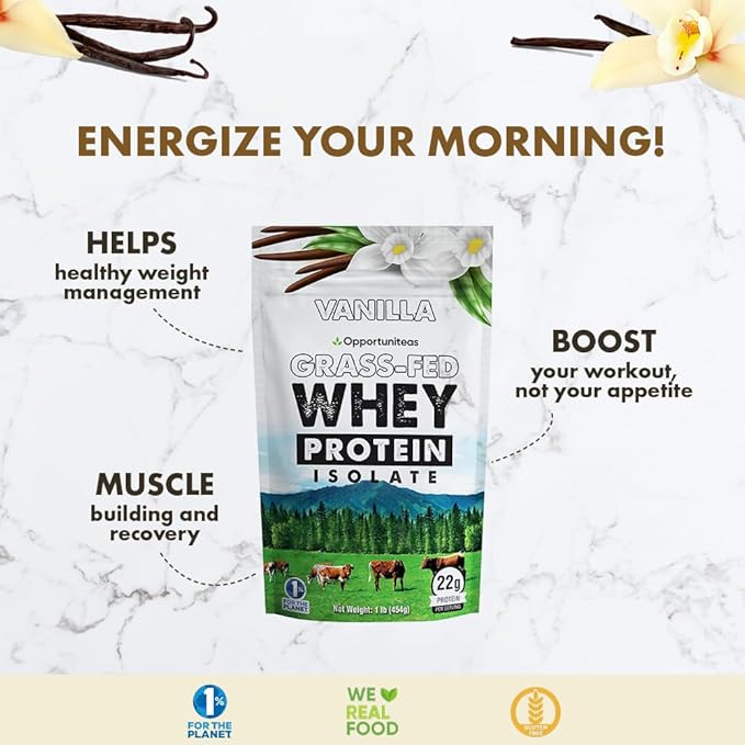 Opportuniteas Grass Fed Whey Protein Isolate Powder - 28g Unflavored &amp Vanilla Protein Protein Without Artificial Sweeteners Hormone-Free Happy Cows - Un-denatured Non GMO Keto &amp Paleo Diet