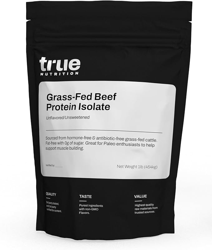 True Nutrition Grass Fed Beef Protein Isolate Powder - 31g Protein per Serving - Zero Carb Fat Free Dairy Free Non-GMO - Paleo Keto Carnivore - Unflavored/Unsweetened - 1lb