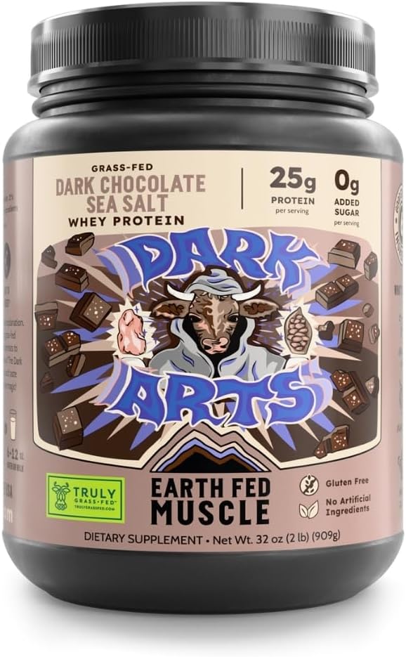 Earth Fed Muscle Dark Arts Grass Fed Truly Grass Fed Whey Protein Powder - No Artificial Ingredients Soy Free Gluten Free Non-GMO and Hormone Free (2 Pound 26 Servings Salted Chocolate)