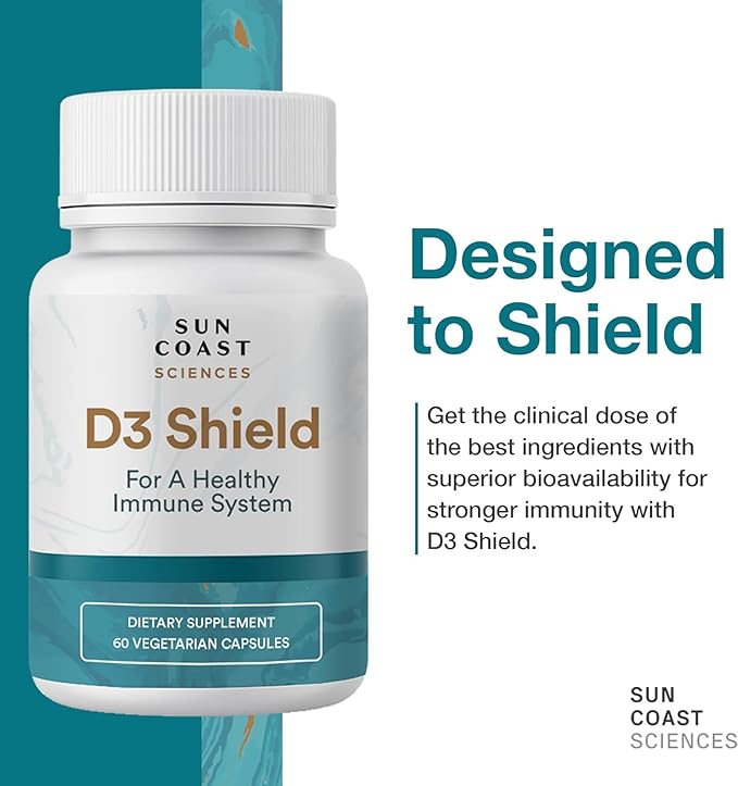 Sun Coast Science Sciences D3 Shield - Vitamin 5000 IU for Immune Support and Bone Health 60 Vegetarian Capsules K2 with 210mg Calcium Carbonate BioPerine Maximum Absorption