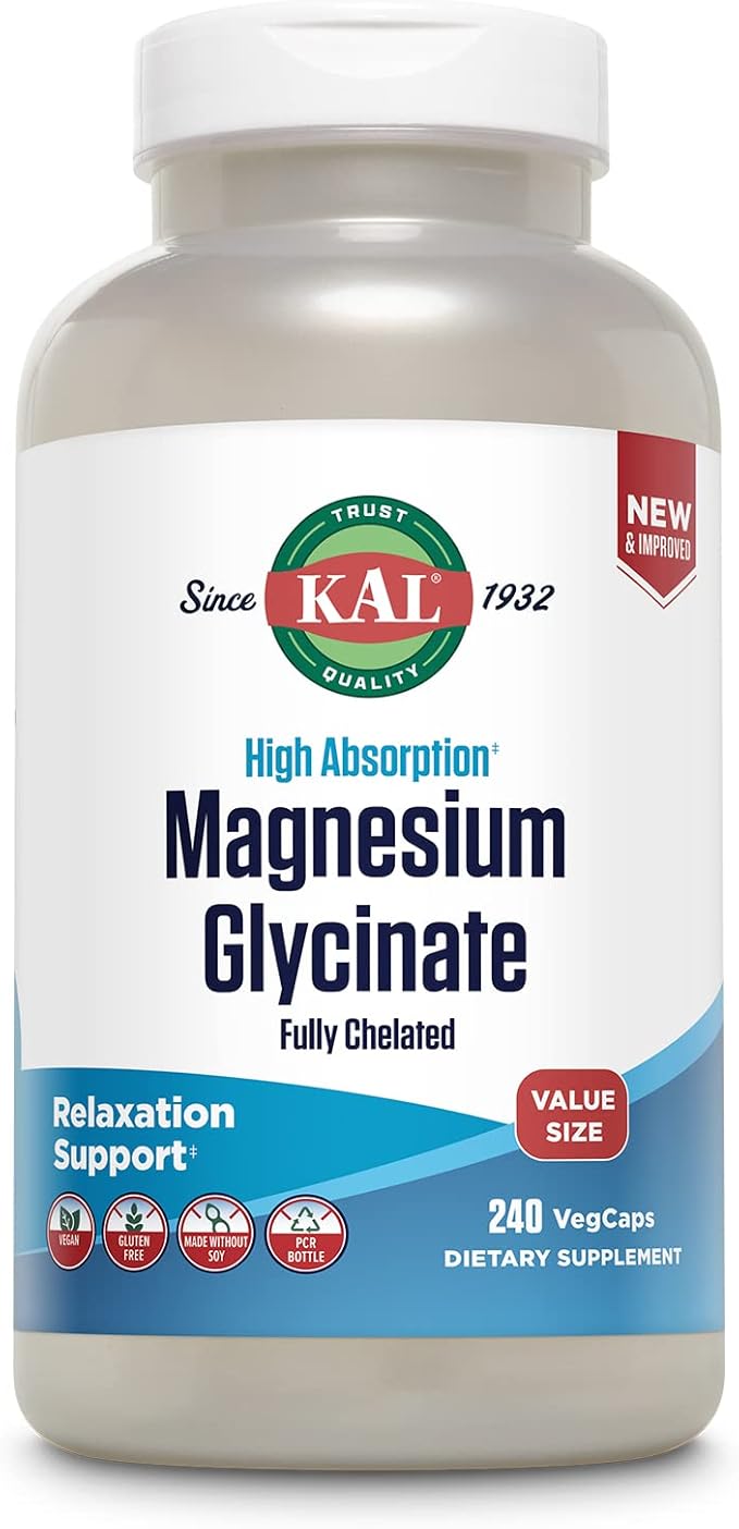 KAL Magnesium Glycinate New &amp Improved Fully Chelated High Absorption Formula with BioPerine Bisglycinate Chelate for Stress Relaxation Muscle &amp Bone Health Support 60 Servings 240 VegCa