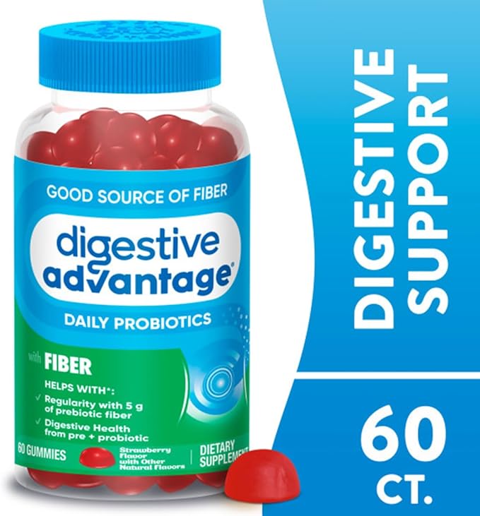 Digestive Advantage Prebiotic Fiber Supplement Strawberry Flavor Gummies with Probiotics for Women &amp Men Digestive Health Adults Regularity and Gut Health 60 Count (3 Pack)
