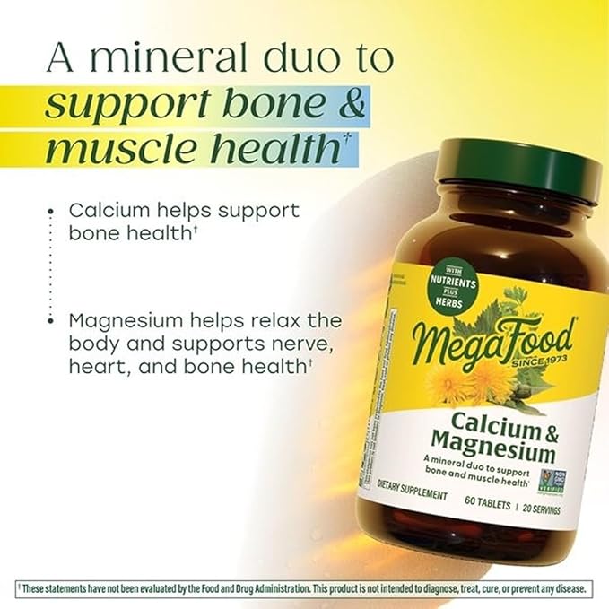 MegaFood Calcium and Magnesium - Essential Mineral Supplement That Helps Maintain Bone and Muscle Health - For Men and Women - Vegan - Made Without 9 Food Allergens - 90 Tabs (30 Servings)