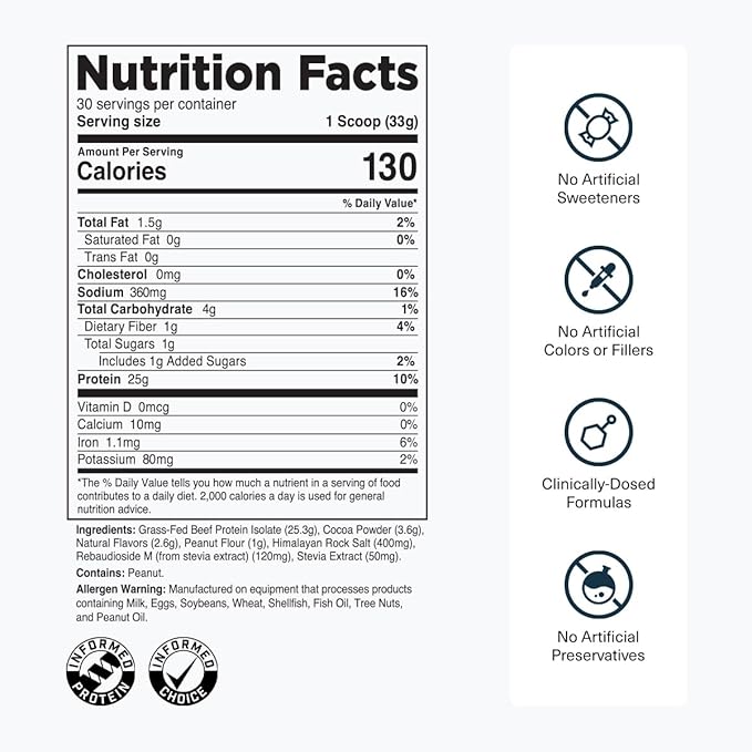 Transparent Labs Grass-Fed Beef Isolate Protein Powder – Naturally Flavored Dairy-Free Protein with 25g of Protein per Serving for Increased Recovery &amp Strength - 30 Servings Chocolate Peanut Bu
