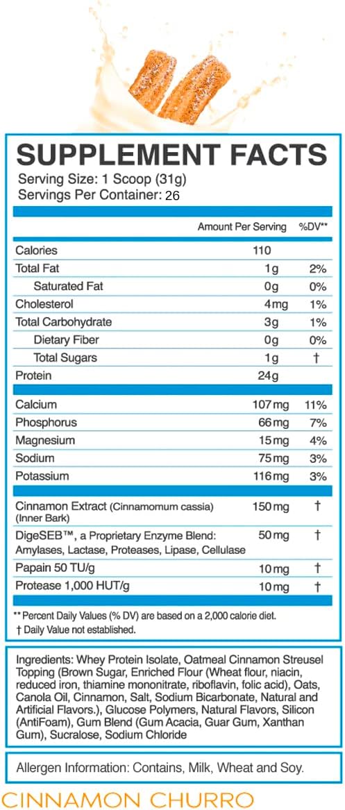 eFlow Nutrition 100% Whey Protein Isolate - Lactose-Free Digestive Enzymes Added Low Carb Post Workout Shake Fast Digesting for Optimal Muscle Recovery - Cinnamon Churro (26 Servings)