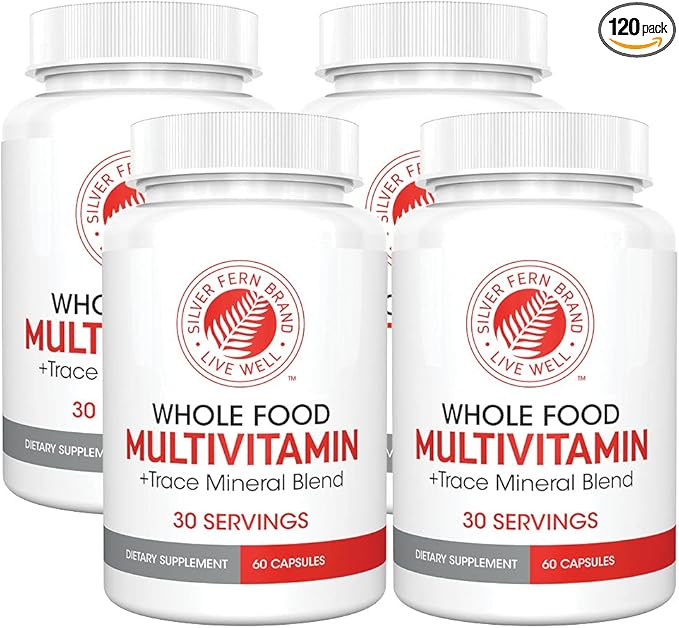 Silver Fern Whole Food Daily Multi Vitamin w/Trace Mineral Blend Supplement - 4 Bottles - 60 Vegicaps Each - 120 Day Supply - Natural Non-GMO Vegan Multivitamin - Zero Synthetics