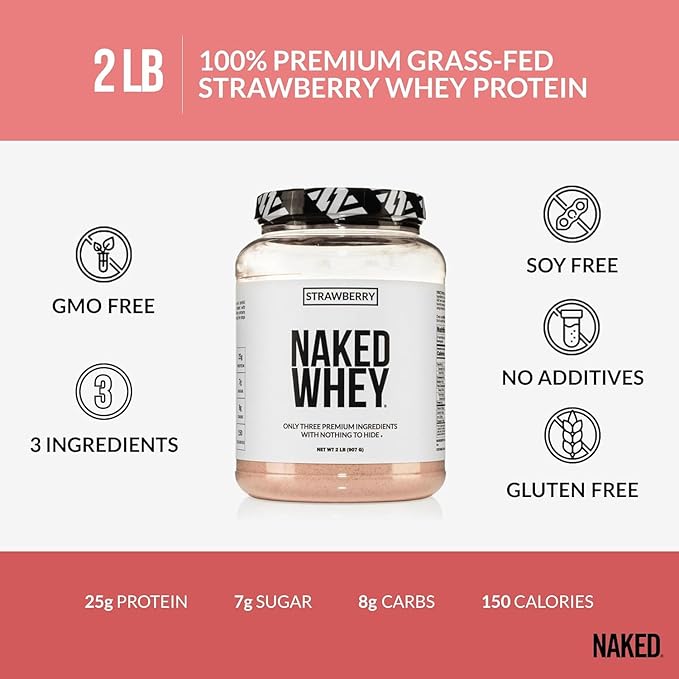 NAKED Strawberry Whey Protein Powder (24 Servings) Pure Micronized Creatine Monohydrate 500g (100 Servings) – Grass-Fed Bulk Non-GMO Gluten Free Soy Free