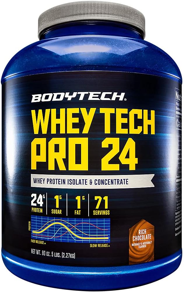 BodyTech Whey Tech Pro 24 Protein Powder - 24g Protein per Serving - Supports Muscle Growth &amp Recovery - Rich Chocolate (5 lb 71 Servings)