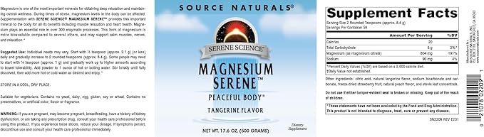 Source Naturals Serene Science Magnesium Serene Peaceful Body* Tangerine Flavored - 17.6 Ounce Powder