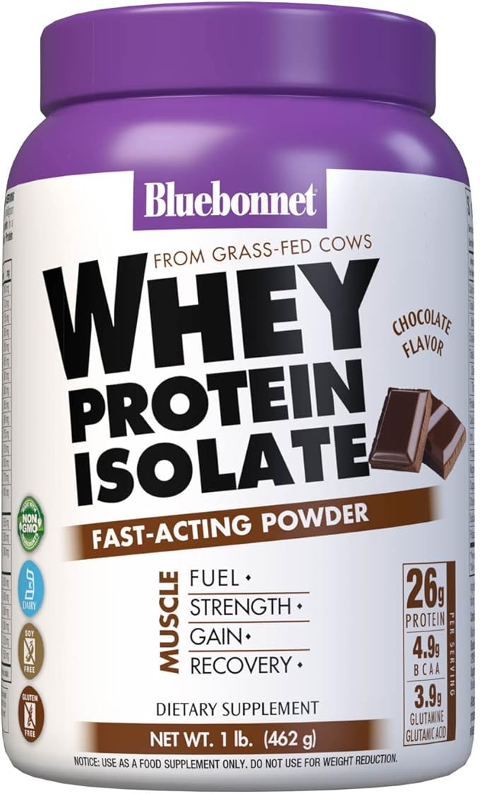 Bluebonnet Nutrition Whey Protein Isolate Powder Whey From Grass Fed Cows 26g of Protein No Sugar Added Gluten Free Soy free kosher Dairy 1 Lb 14 Servings Chocolate Flavor