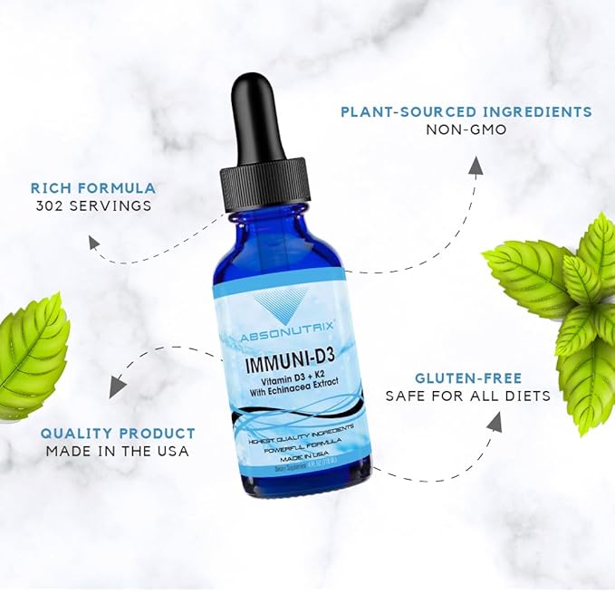 Absonutrix Vitamin D3 K2 Drops 390mg 4 Oz Liquid 302 Servings Made in USA Quick Absorption Quality Potent Ingredients Non-GMO GMP Certified Cruelty-Free Products (Immuni-D3)