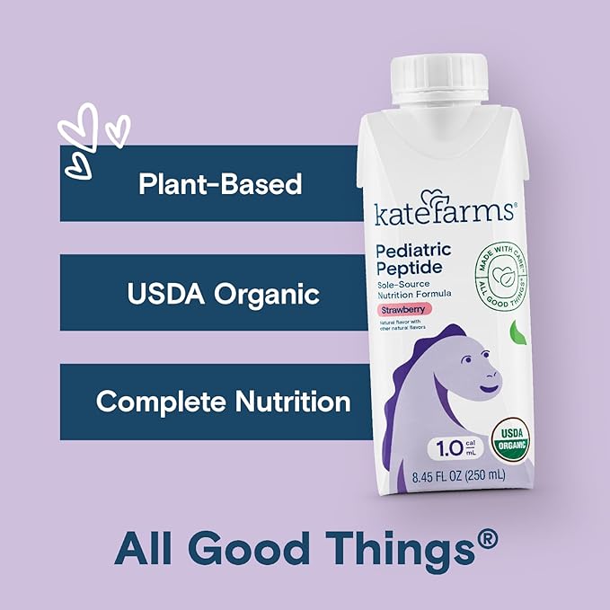 KATE FARMS Organic Pediatric Peptide 1.0 Formula Strawberry Sole-Source Hydrolyzed Plant-Based Nutrition for Oral or Tube Feeding 8.45 oz (12 pack)