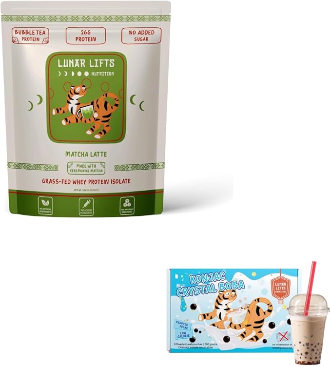 Matcha Latte Boba Protein Powder &amp Konjac Crystal Boba Bundle | 26g Grass-Fed Whey Isolate | Ceremonial-Grade Matcha | Vegan Low Calorie Ready-to-Eat Boba Pearls | No Added Sugar