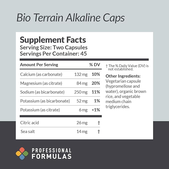 Professional Formulas Bio Terrain Alkaline Caps – Supports pH Balance Electrolyte Replenishment &amp Cellular Alkalinity – with Calcium Magnesium Potassium &amp Citric Acid – 90 Capsules
