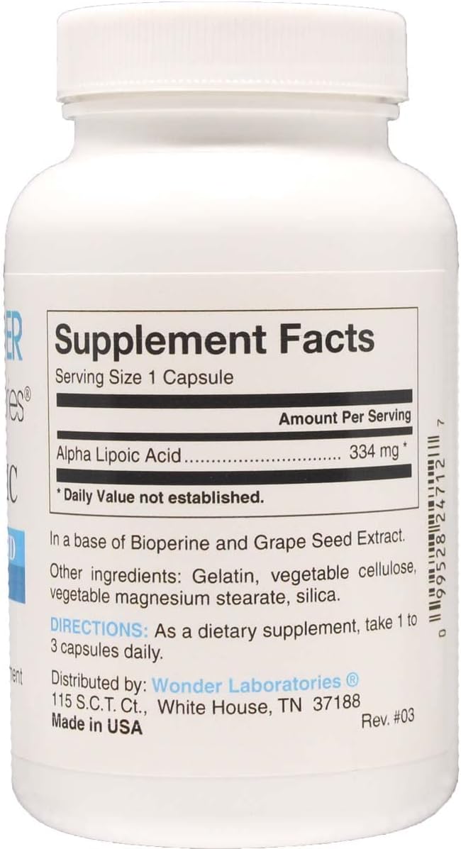 Wonder Labs Alpha Lipoic Acid w/bioperine Grape Seed Extract Supports Metabolic Functions and Antioxidant Functions 120 Capsules