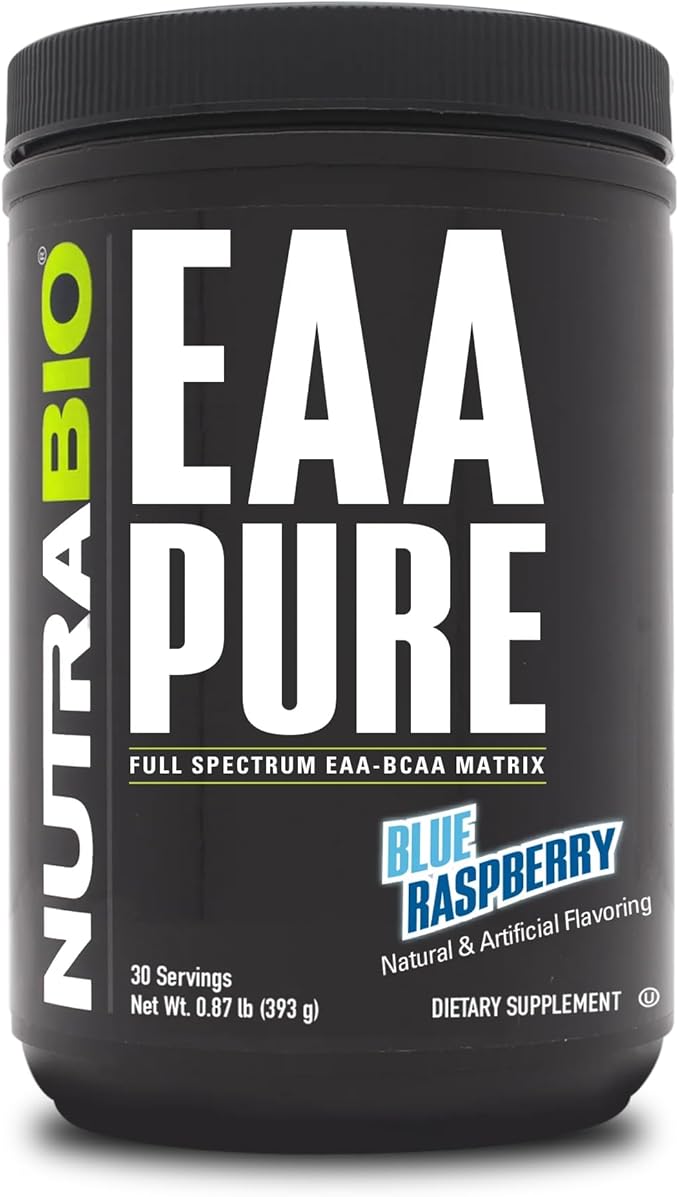 NutraBio – EAA Pure – BCAA Powder– Muscle Repair and Recovery– Pre or Post Workout - Amino Acid Supplement – All Day Recovery 30 Servings Blue Raspberry