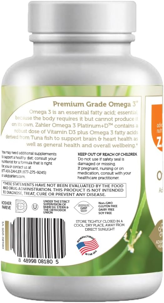Zahler Omega 3 Platinum +D All-Natural Pure Fish Oil Supplement Burpless Softgel with No Fishy Aftertaste Highest in EPA and DHA Certified Kosher 360 Softgels