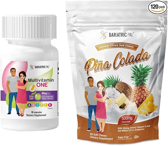 BariatricPal 30-Day Bariatric Vitamin Bundle (Multivitamin ONE 1 per Day! Capsule with 60mg Iron and Calcium Citrate Soft Chews 500mg with Probiotics - Piña Colada)