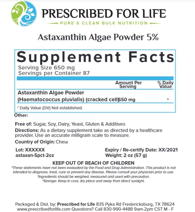 Prescribed For Life Astaxanthin Natural 1% Astaxanthin Powder Supplement Made from Red Algae (56g)