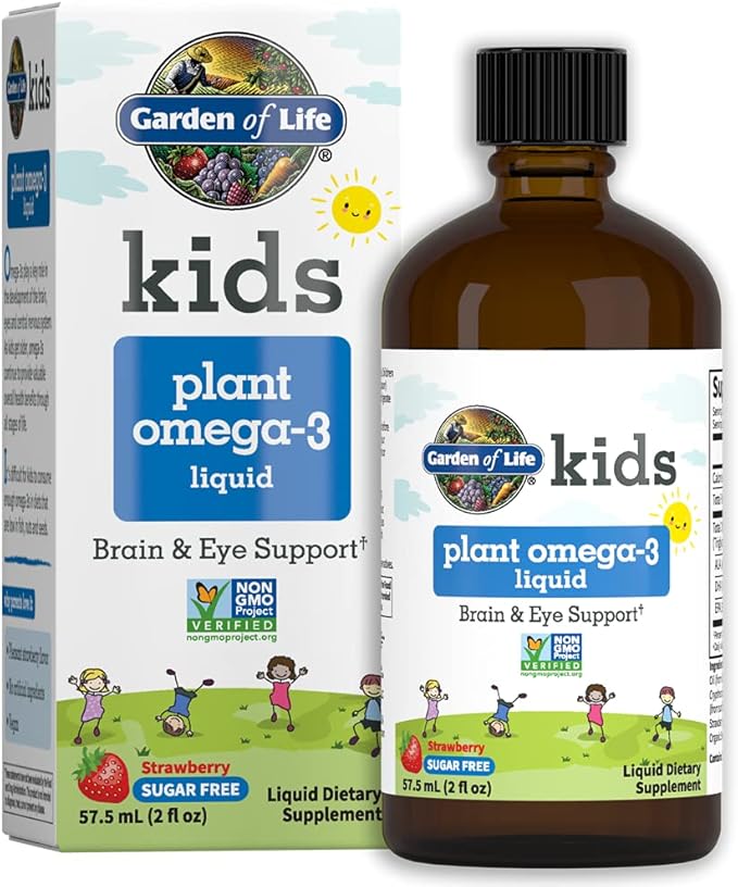 Garden of Life Kids Plant Omega-3 Liquid Strawberry - Vegan Brain &amp Eye Support for Kids Plant-Based Children's Omega 3 ALA DHA &amp EPA Supplement for Children Sugar Free &amp Non-GMO - 2 f