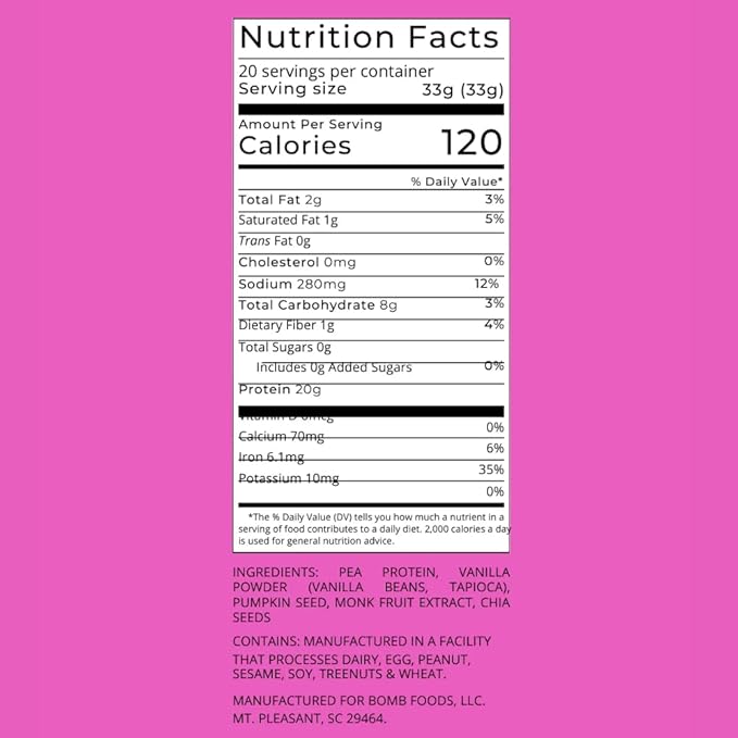 Blender Bombs The Bomb Co. Bomb Plant Protein Chocolate &amp Vanilla Protein Powder with 21g Protein Amino Acids Zero Sugar Pea Protein Cocoa Chia Seeds Vanilla &amp Monk Fruit 40 Srvgs
