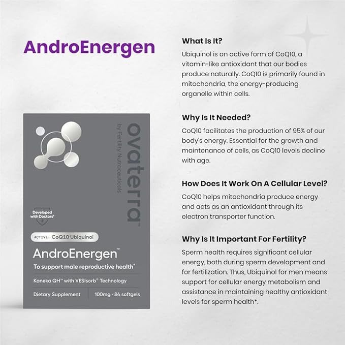 AndroEnergen CoQ10 Supplement for Men to Support Men’s Reproductive &amp Sperm Health with Kaneka QH &amp VESIsorb® Absorption Technology 84-100mg Softgel Capsules - 28 Day Supply