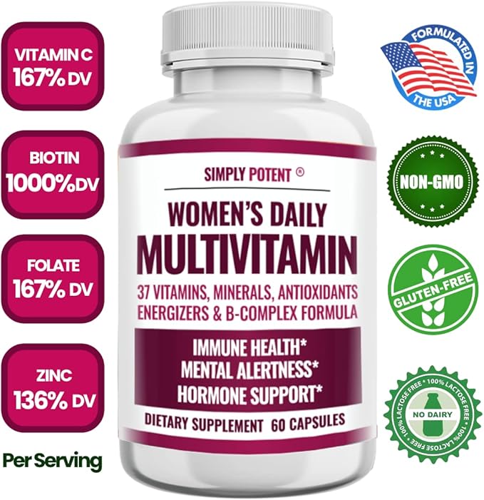 Simply Potent | Women's Multivitamin – 37 Vitamins &amp Minerals with Biotin Vitamins A C D E B12 Folate Zinc Magnesium Calcium &amp Green Tea Extract | Non-GMO Gluten-Free | 60 Capsules