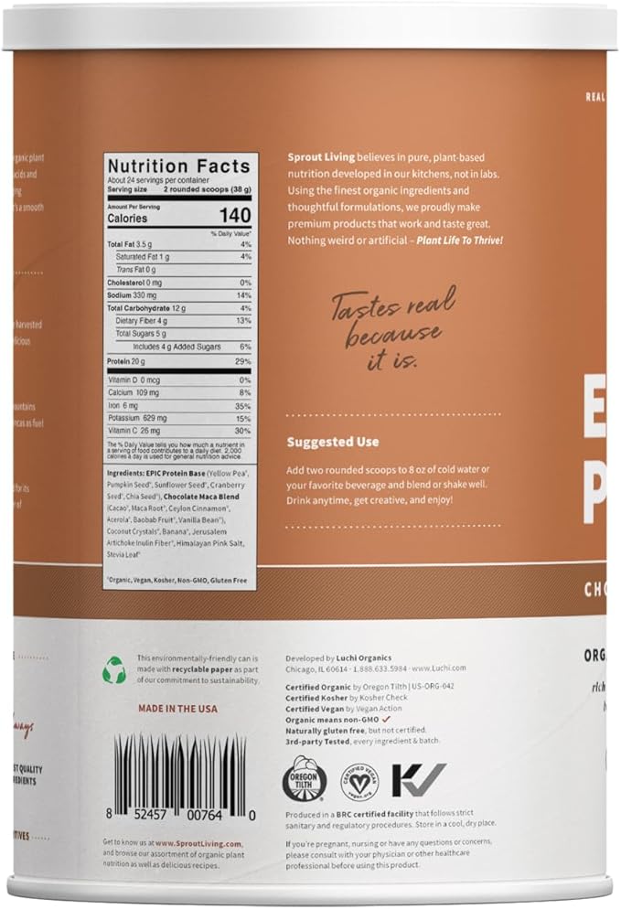 Sprout Living Epic Protein Plant Based Protein &amp Superfoods Powder Chocolate Maca Powder | 20 Grams Organic Protein Powder Vegan Non Dairy Non-GMO Gluten Free Low Sugar (2 Pound 24 Serving